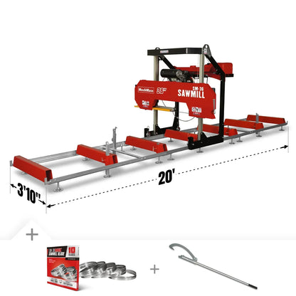 36" MAX Portable Sawmill, 25HP 688cc HONDA GX690 V-Twin Engine, 36" Board Width, 20' Track Length, (10 x Blades Included), SM-36HMAX