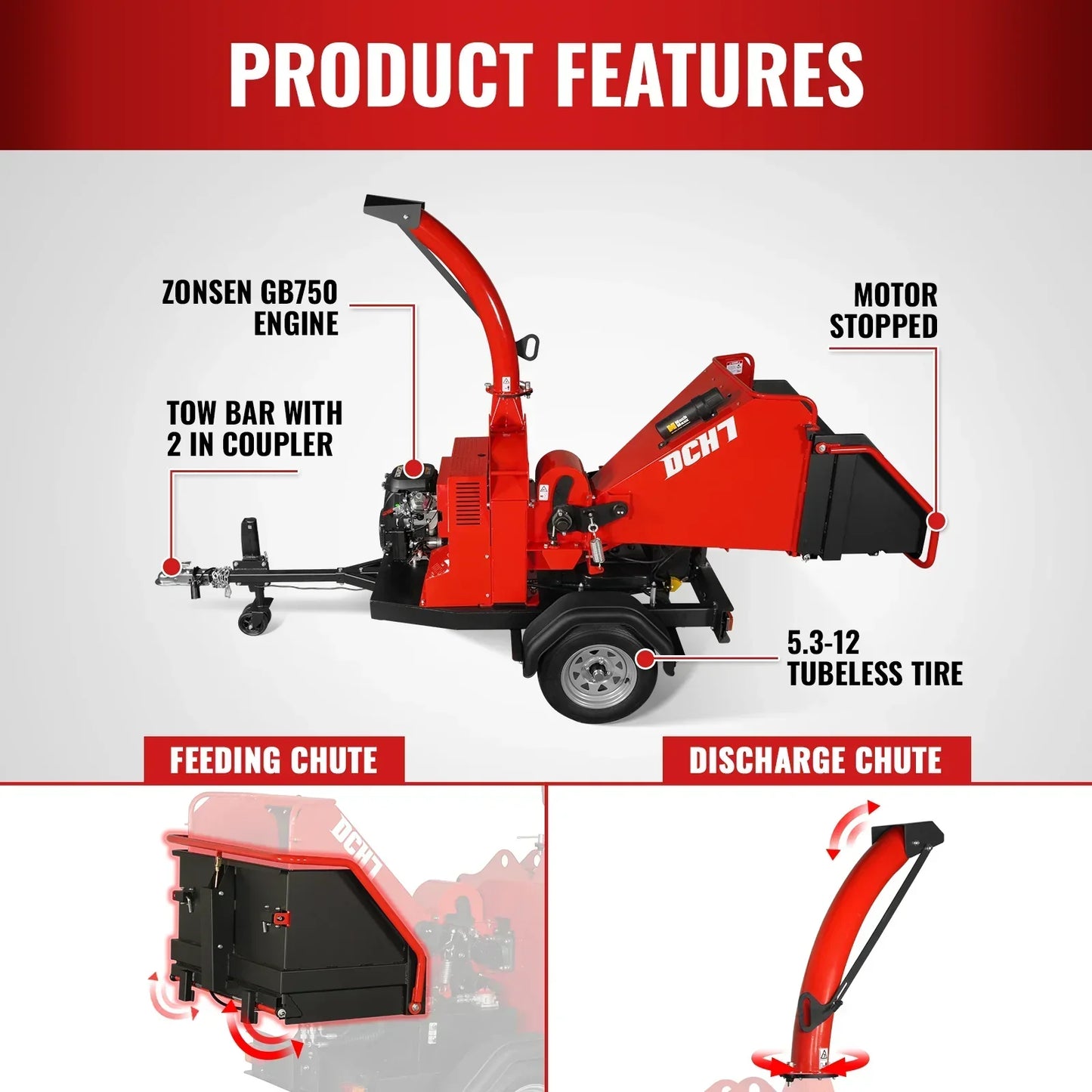 25hp 750cc Twin Cylinder ZONSEN Petrol Engine 7” Hydraulic Feeding Wood Chipper, DCH7